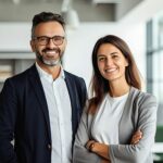 Male and female business couple posing smiling at their business office looking at the camera