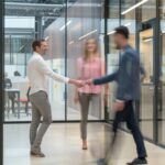 Full body photo of two business people shaking hands in an office setting Full body photo of two business people shaking hands in an office setting