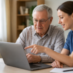 Digitalkompetenz in der Versorgung: Zwei Personen schauen sich die Dokumente auf dem Laptop an_KI KI generiert