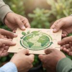 Förderprogramm Zukunft Kreislaufwirtschaft: viele Hände halten ein Puzzle zusammen auf dem die Erde abgebildet ist