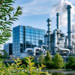 Dekarbonisierung Industrie: Industrieunternehmen im Hintergrund einer Pflanze