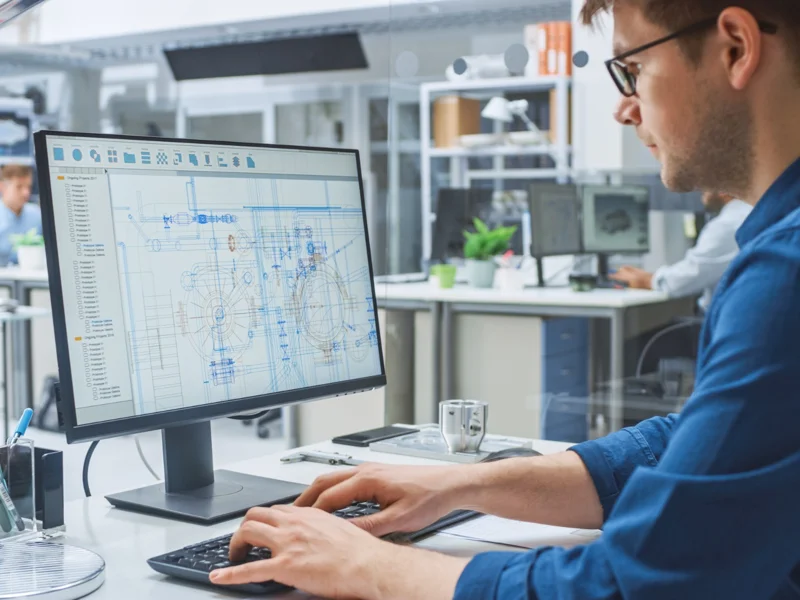 Entwickler arbeitet an einer technischen Konstruktion am Computer.