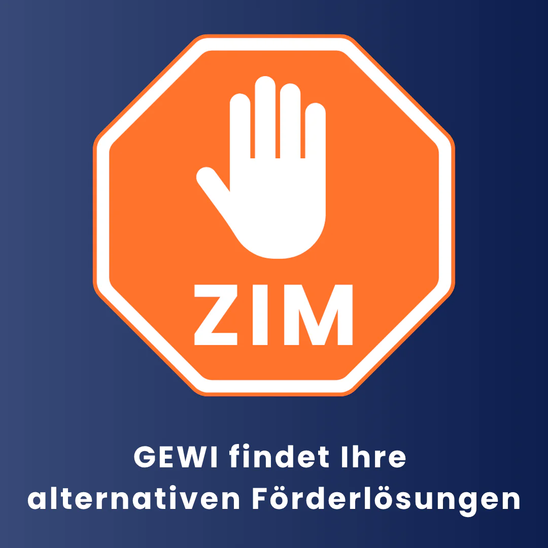 ZIM-Antragsstopp: Ein Stoppschild mit „ZIM“ symbolisiert Förderstopps mit passendem Aufruf zur geeigneten Alternative